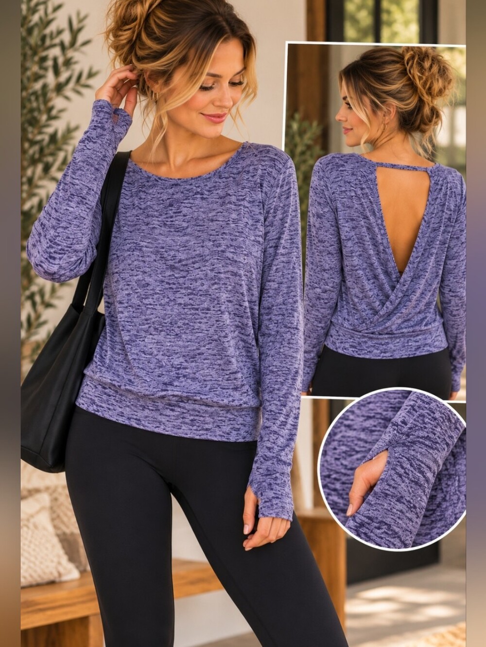 Champion Purple Marled Heather Long Sleeve Open Back Athleisure Top XS